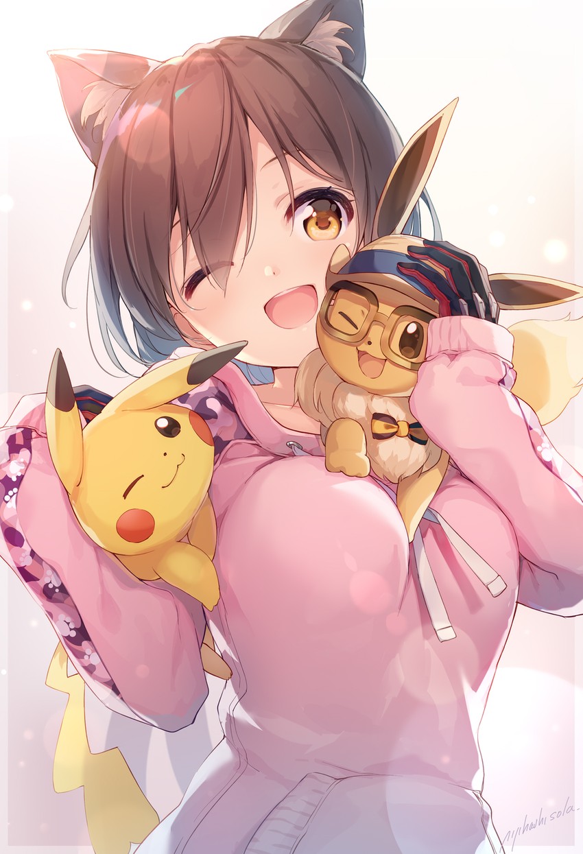 pikachu, eevee, and roboco-san (pokemon and 2 more) drawn by nijihashi_sora