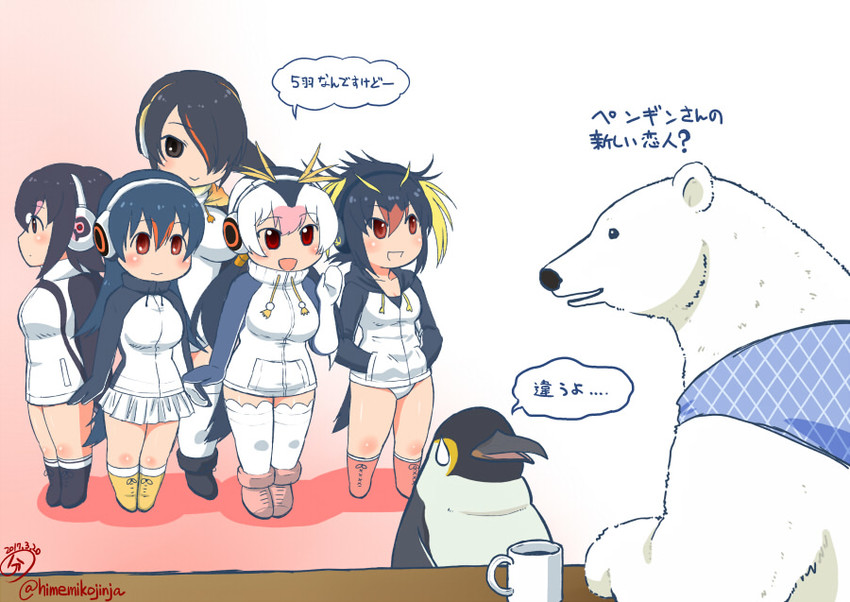 emperor penguin, humboldt penguin, royal penguin, rockhopper penguin, gentoo penguin, and 2 more (kemono friends and 1 more) drawn by buntaichou