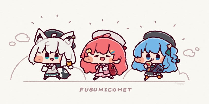 shirakami fubuki, hoshimachi suisei, and sakura miko (hololive) drawn by ameya_(kappadoll)