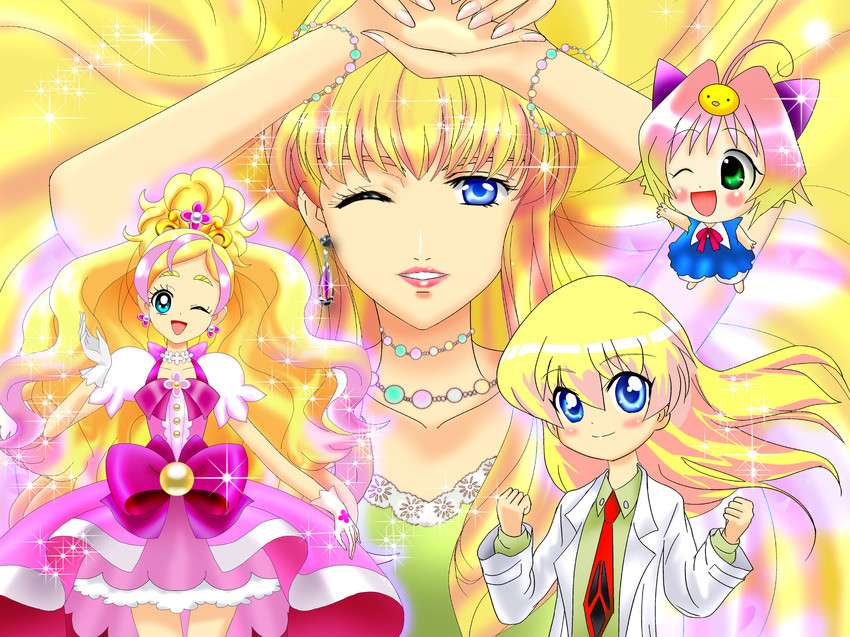 sheryl nome, haruno haruka, cure flora, rebecca miyamoto, and potemayo (precure and 5 more) drawn by luna_rune