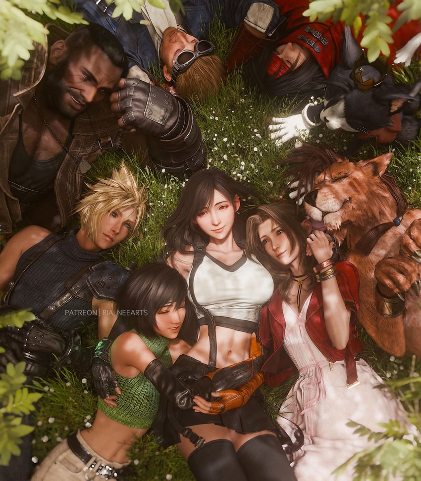 tifa lockhart, cloud strife, aerith gainsborough, yuffie kisaragi, vincent valentine, and 4 more (final fantasy and 3 more) drawn by ria_(baka-neearts)