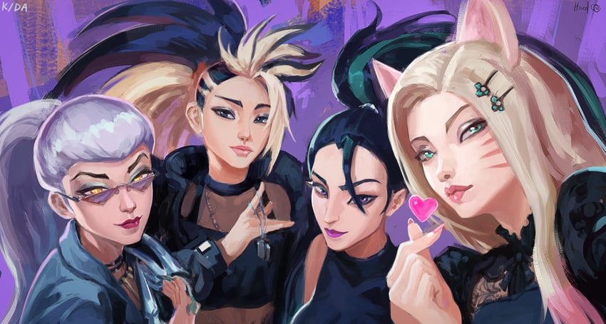 ahri, akali, evelynn, kai'sa, k/da all out evelynn, and 7 more (league of legends) drawn by elvafirst
