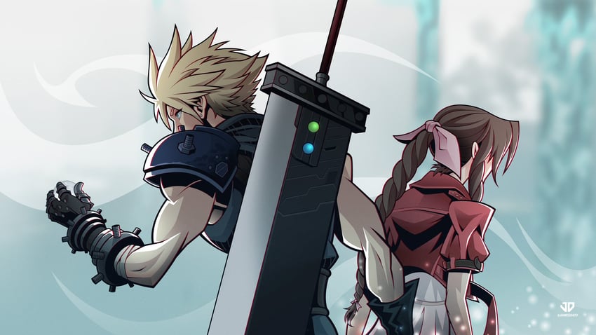 cloud strife and aerith gainsborough (final fantasy and 3 more) drawn by james_diato