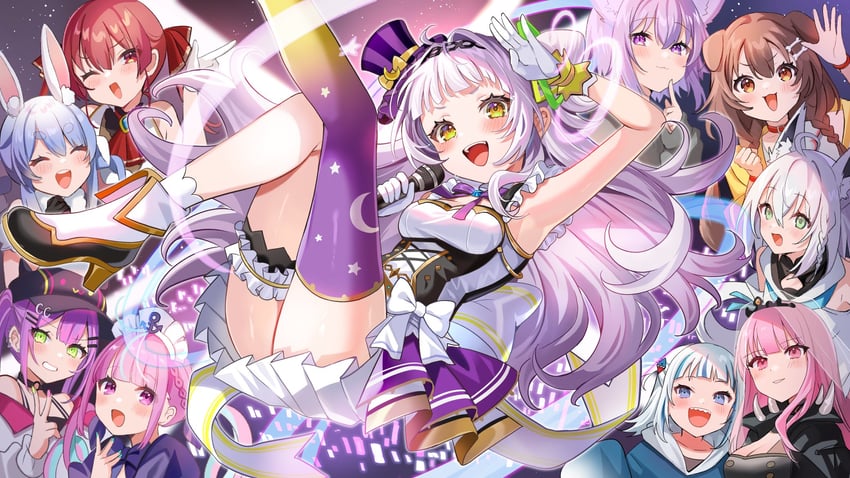 houshou marine, gawr gura, shirakami fubuki, usada pekora, mori calliope, and 5 more (hololive and 1 more) drawn by satoupote