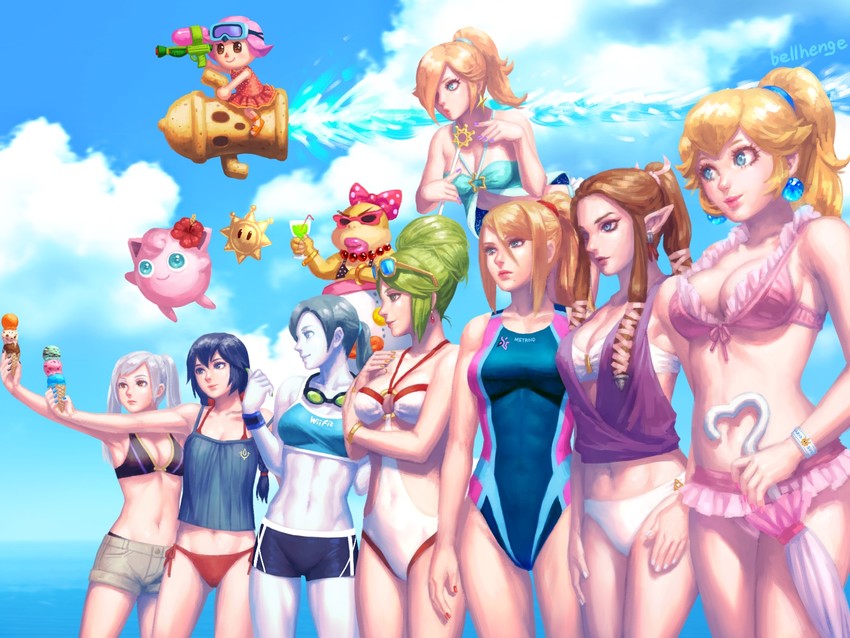 princess zelda, princess peach, samus aran, lucina, rosalina, and 6 more (pokemon and 11 more) drawn by bellhenge