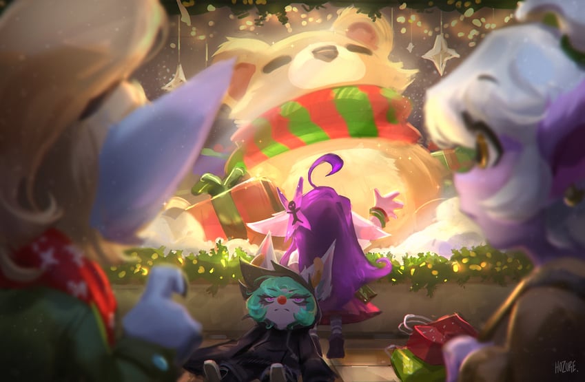 lulu, poppy, tristana, vex, and pix (league of legends) drawn by hozure