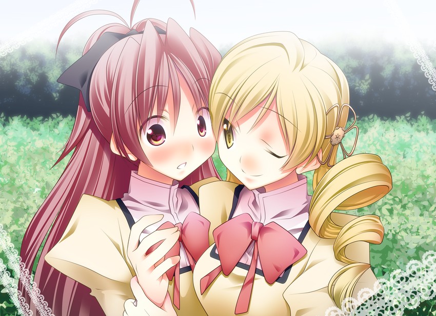 sakura kyoko and tomoe mami (mahou shoujo madoka magica and 1 more) drawn by kaneda_mitsuko