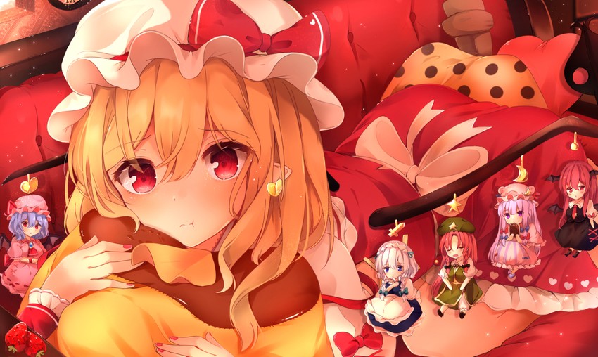 remilia scarlet, flandre scarlet, izayoi sakuya, patchouli knowledge, hong meiling, and 1 more (touhou) drawn by shangurira
