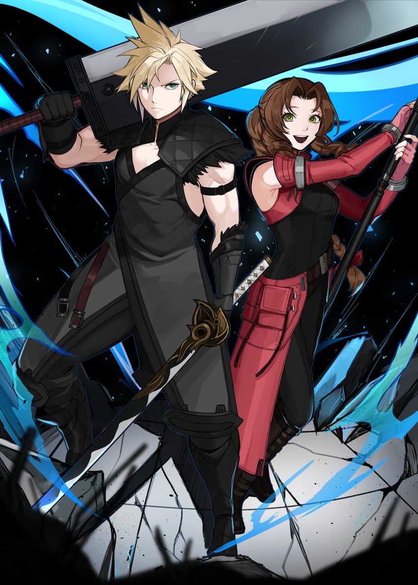 cloud strife and aerith gainsborough (final fantasy and 2 more) drawn by kyou_(iuciferic)