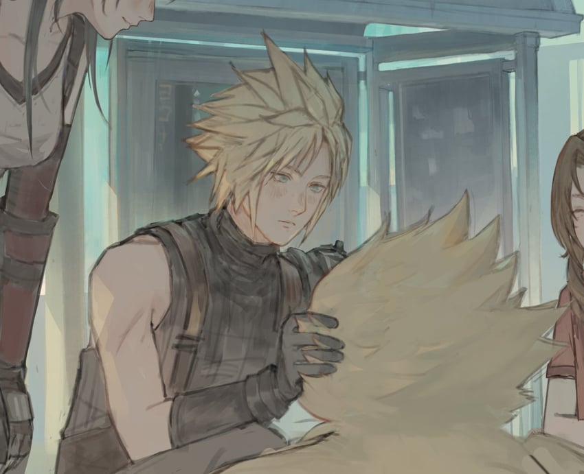 tifa lockhart, cloud strife, and aerith gainsborough (final fantasy and 3 more) drawn by konburice