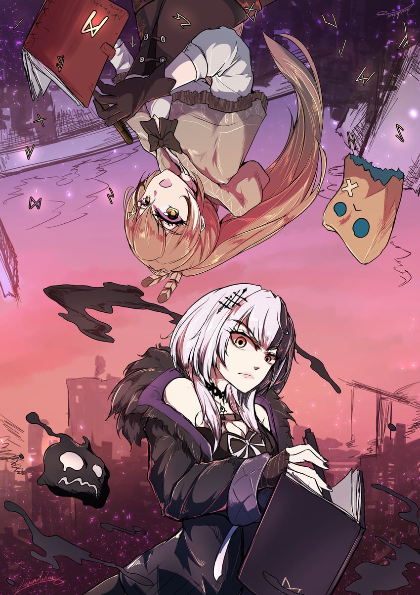 nanashi mumei, shiori novella, friend, and yorick (hololive and 1 more) drawn by lavendulan
