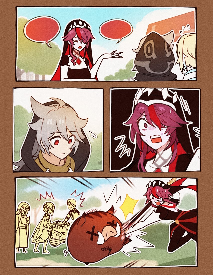 lumine, rosaria, razor, huffman, edmund, and 1 more (genshin impact) drawn by enpitsu01