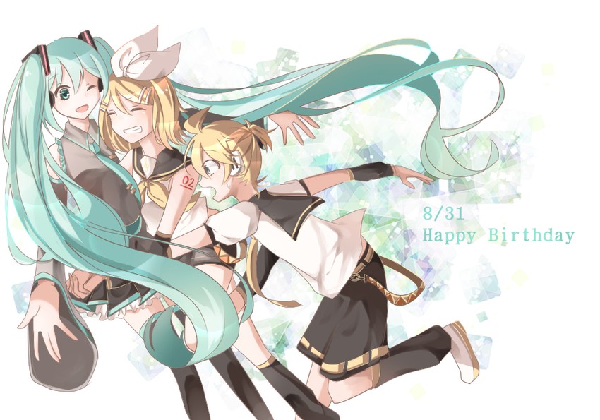hatsune miku, kagamine rin, and kagamine len (vocaloid) drawn by sazanami_(ripple1996)