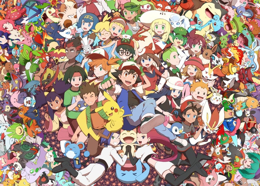 pikachu, dawn, lillie, may, ash ketchum, and 122 more (pokemon and 6 more) drawn by odd_(hin_yari)