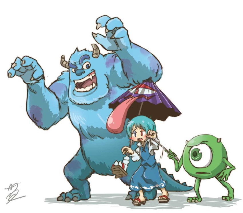 tatara kogasa, mike wazowski, and james p. sullivan (touhou and 1 more) drawn by chamaji