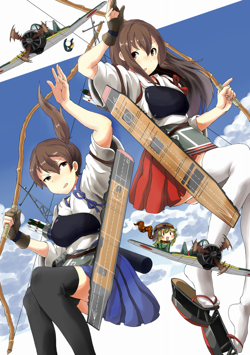 kaga, akagi, fairy, failure penguin, and type 0 fighter model 52 fairy (kantai collection) drawn by hitode_(ziburi)