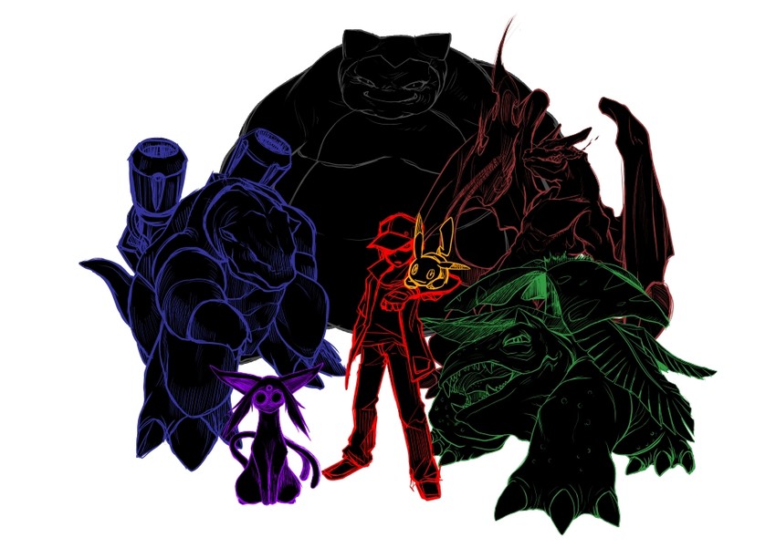 pikachu, red, charizard, espeon, snorlax, and 2 more (pokemon and 1 more) drawn by miyatabi-touya