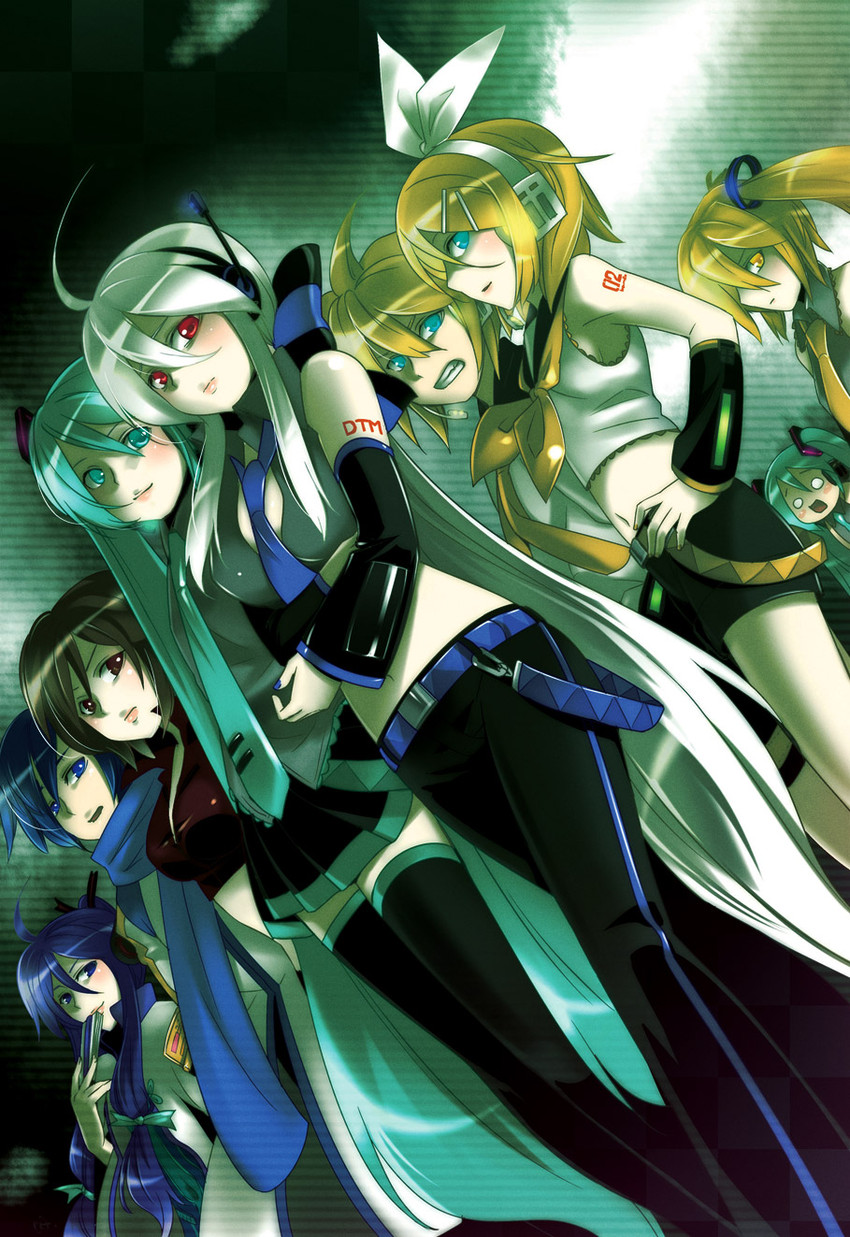 hatsune miku, kagamine rin, kagamine len, kaito, meiko, and 4 more (vocaloid) drawn by caffein