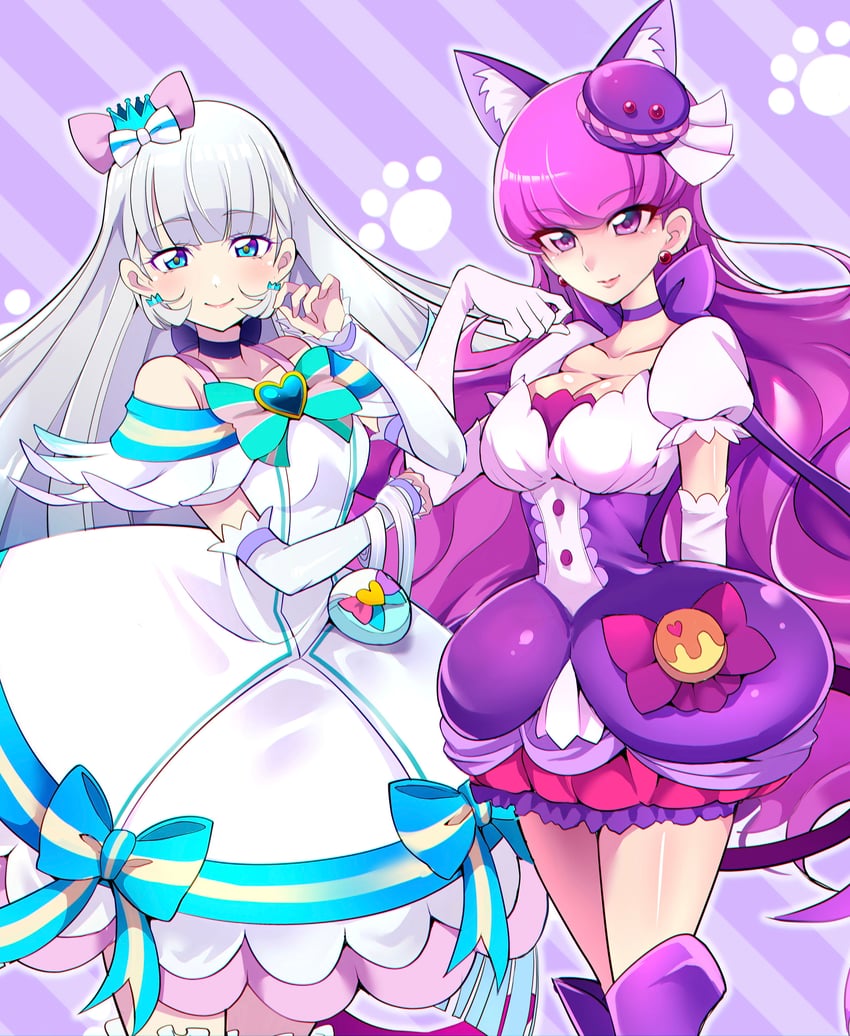 nekoyashiki yuki, kotozume yukari, cure macaron, and cure nyammy (precure and 2 more) drawn by mitsuki_tayura