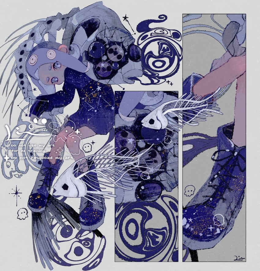 octoling player character and octoling girl (splatoon) drawn by li04r
