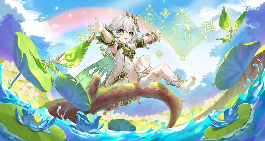 lumine, nahida, paimon, and crystalfly (genshin impact) drawn by oni_setsu_maru