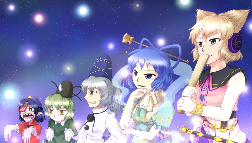 toyosatomimi no miko, mononobe no futo, kaku seiga, miyako yoshika, and soga no tojiko (touhou) drawn by maccya-makki