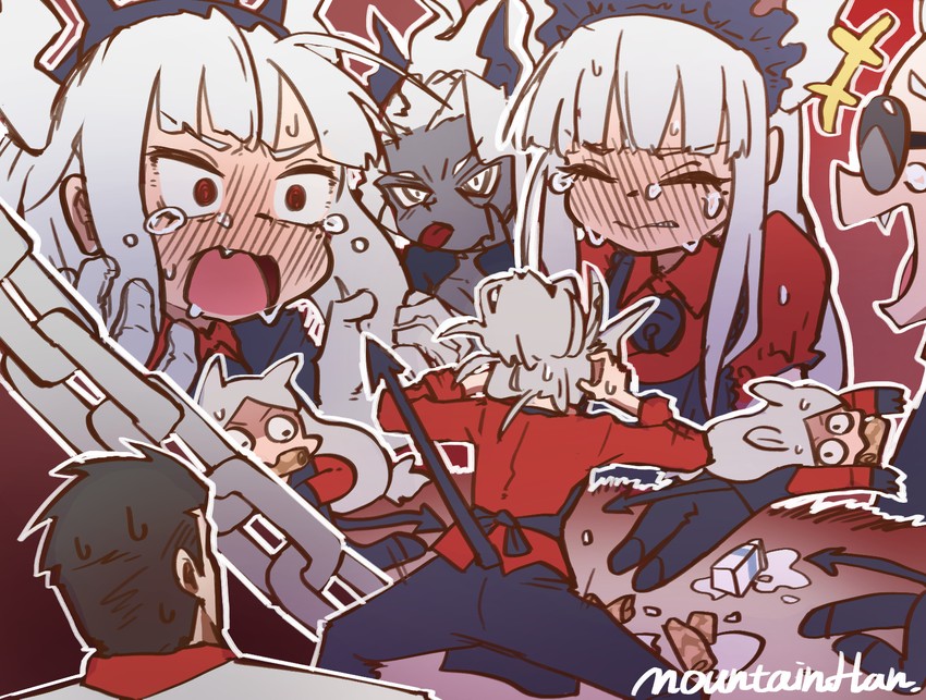 lucifer, justice, helltaker, cerberus, and judgement (helltaker) drawn by mountain_han