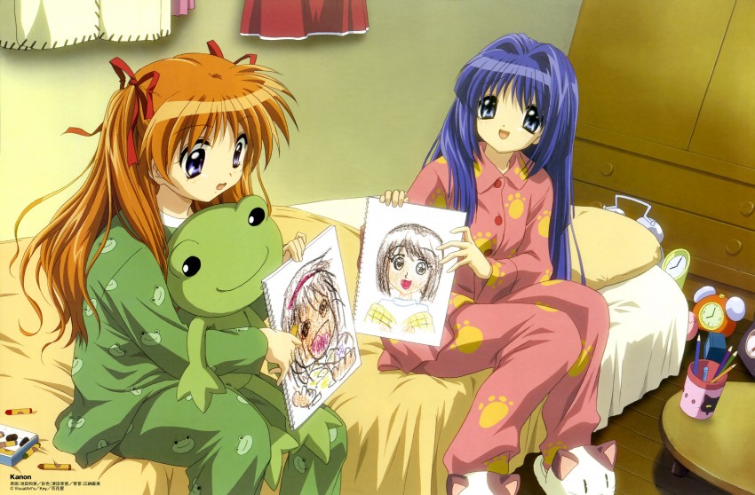 tsukimiya ayu, minase nayuki, sawatari makoto, misaka shiori, and keropii (kanon and 2 more) drawn by ikeda_kazumi