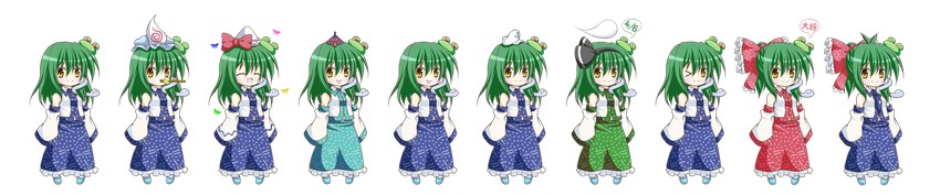 hakurei reimu, kochiya sanae, konpaku youmu, saigyouji yuyuko, tatara kogasa, and 2 more (touhou) drawn by osashin_(osada)