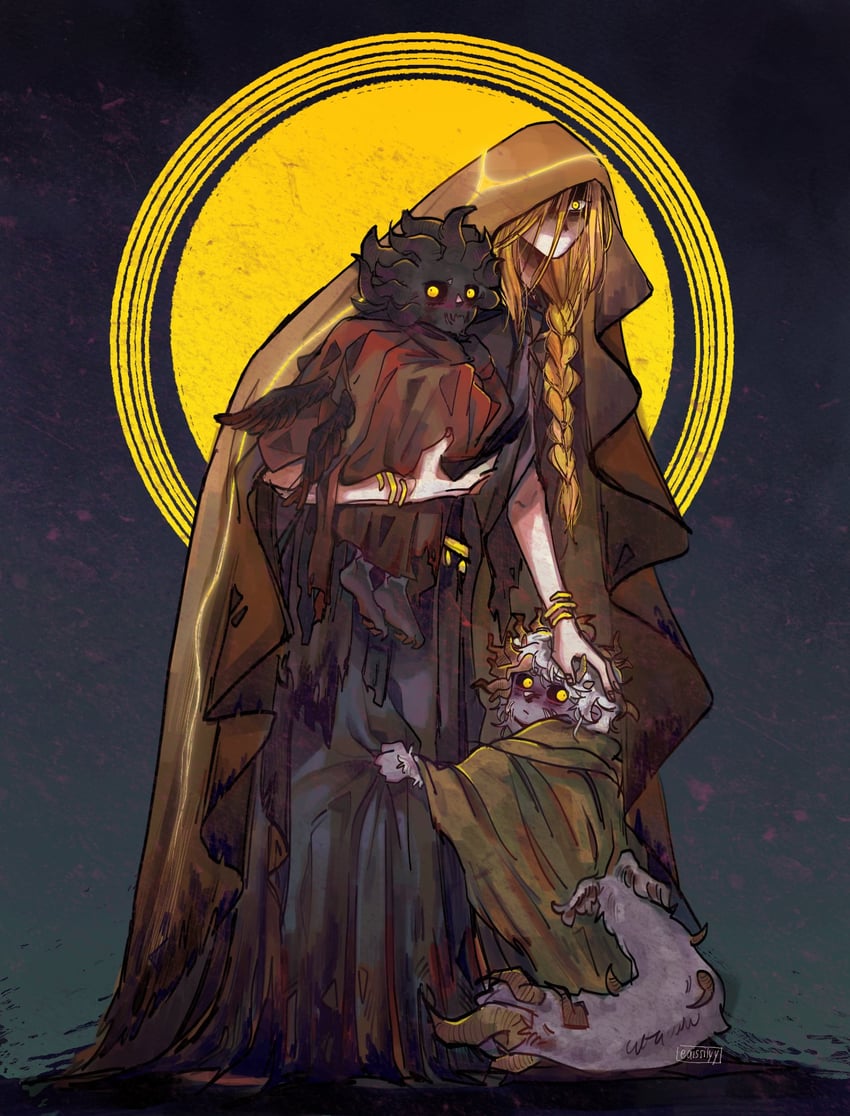 queen marika the eternal, mohg lord of blood, and morgott the omen king (elden ring) drawn by eaissilyysack