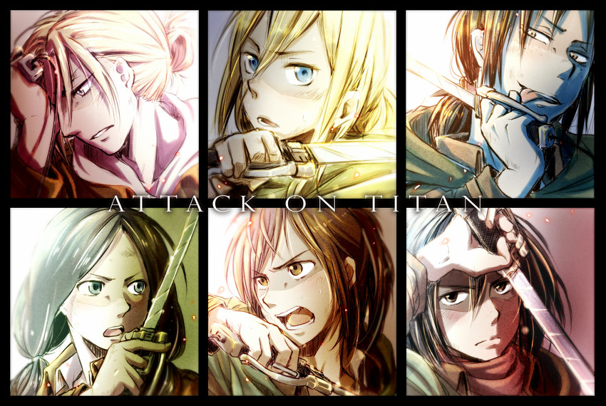 mikasa ackerman, krista lenz, ymir, annie leonhart, sasha blouse, and 1 more (shingeki no kyojin) drawn by shakeda_mamoshirou