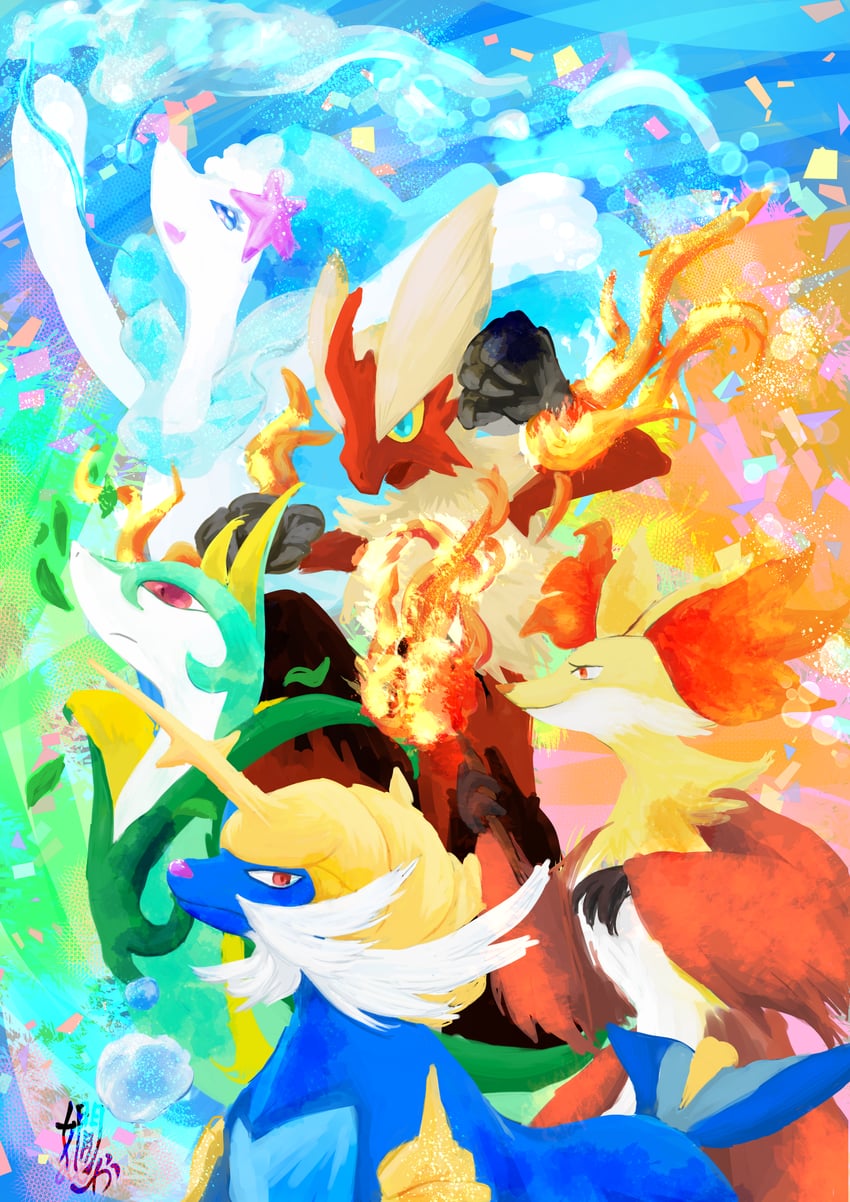 primarina, blaziken, serperior, delphox, and samurott (pokemon) drawn by miyabiyaka