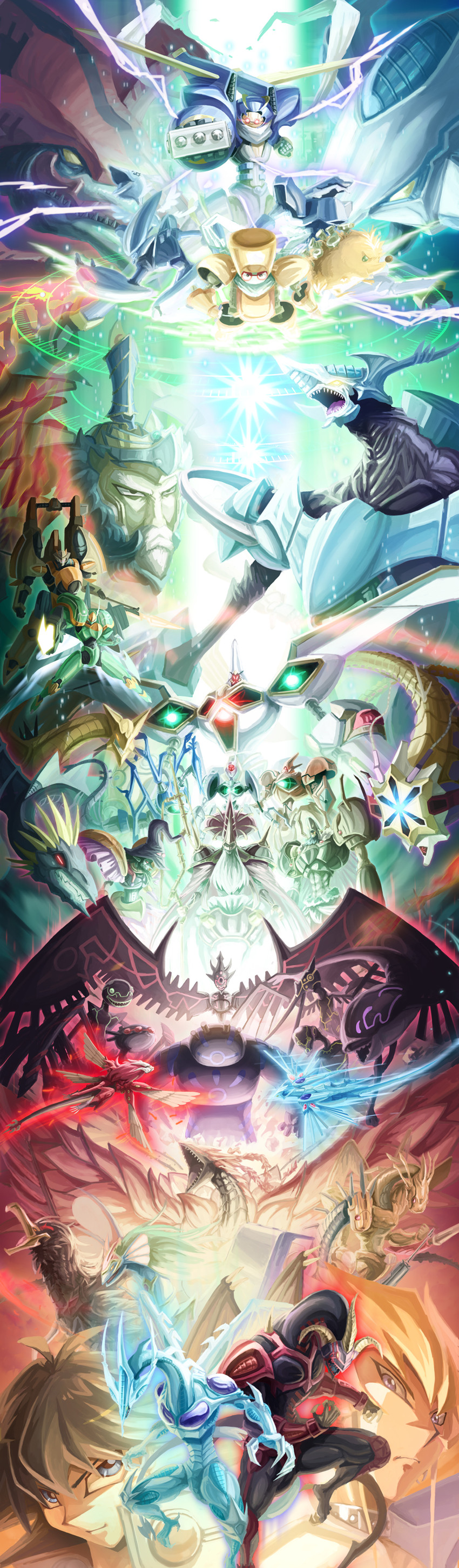 fudo yusei, jack atlas, stardust dragon, black rose dragon, red dragon archfiend, and 36 more (yu-gi-oh! and 1 more) drawn by hokuto_(hokuto_pk)