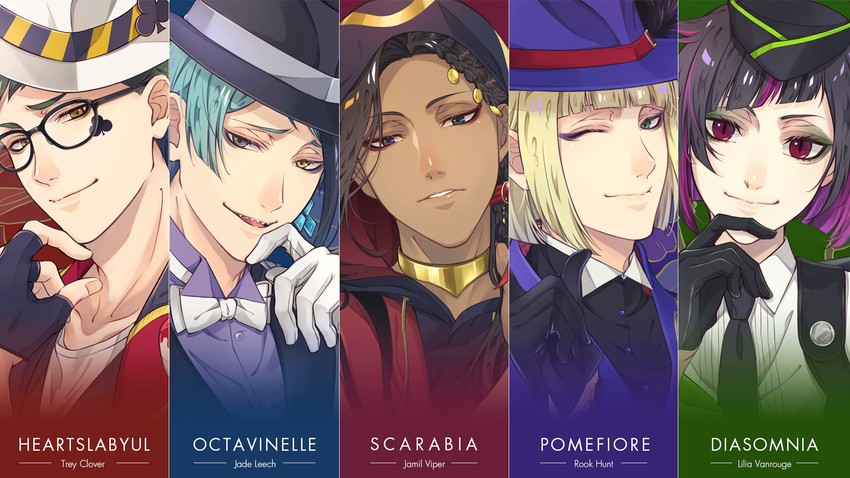 jade leech, lilia vanrouge, jamil viper, rook hunt, and trey clover (twisted wonderland) drawn by katena_souka