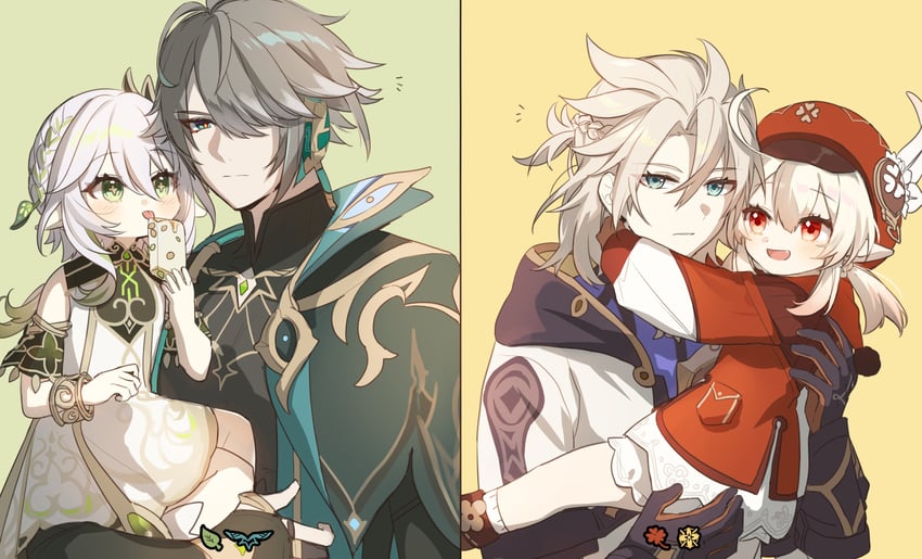 nahida, klee, alhaitham, and albedo (genshin impact) drawn by sp0i0ppp