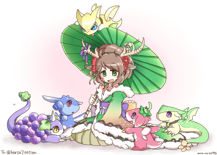 kano, strawberry dragon, lemon dragon, grape dragon, melon dragon, and 1 more (puzzle & dragons) drawn by yamamoto