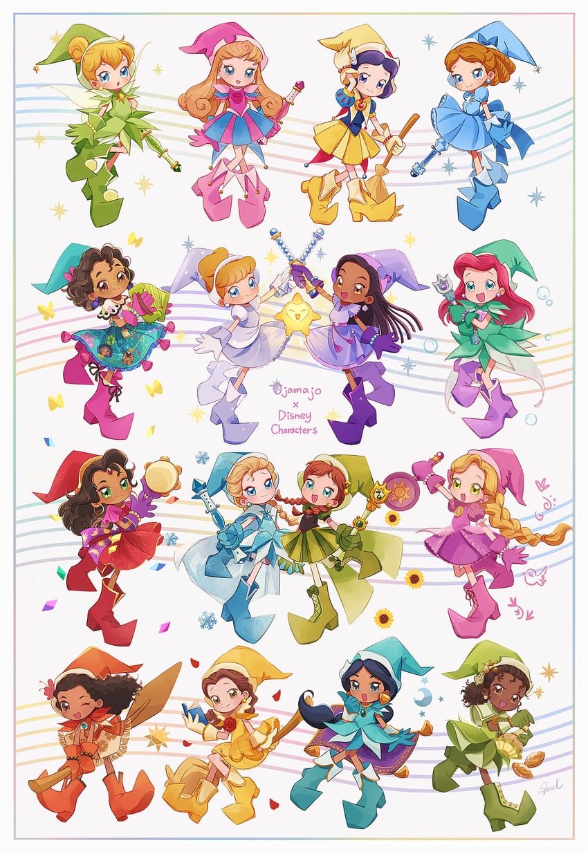 elsa, anna, ariel, rapunzel, snow white, and 12 more (frozen and 15 more) drawn by melchencanto