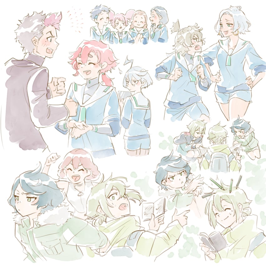 suletta mercury, miorine rembran, secelia dote, guel jeturk, elan ceres, and 7 more (gundam and 1 more) drawn by yaco_(085)