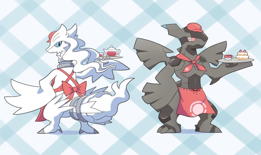 reshiram and zekrom (pokemon and 1 more) drawn by komanychi