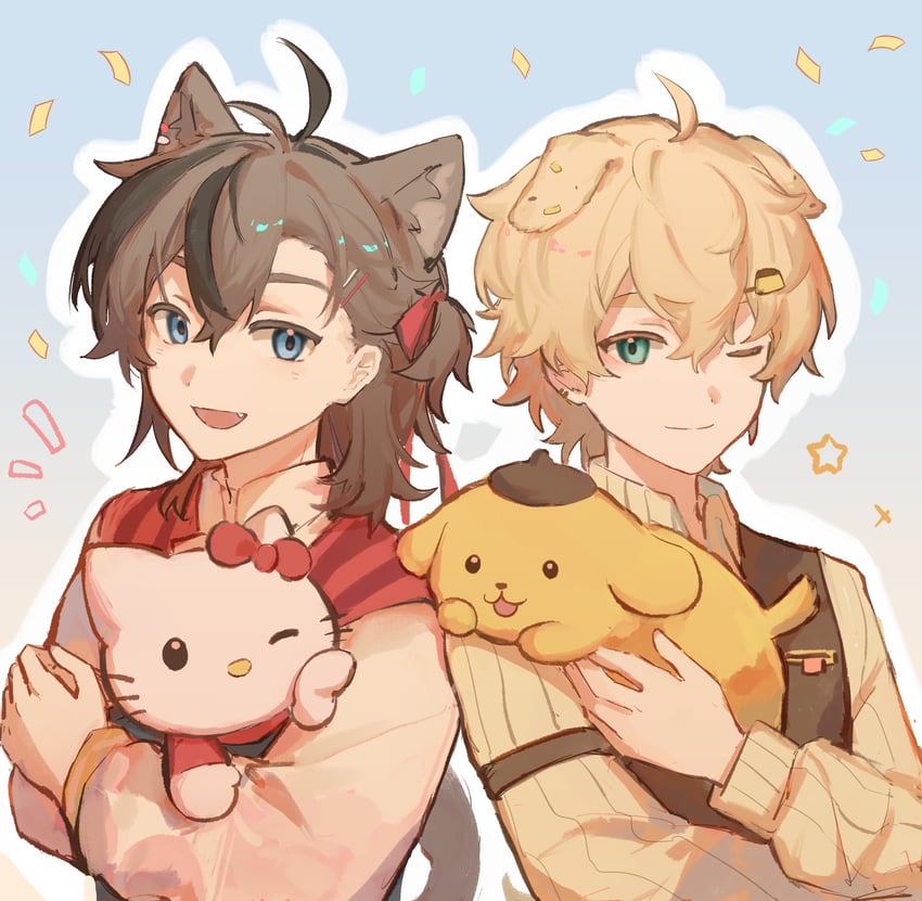 hello kitty, tequila, pompompurin, and stainless (arknights and 2 more) drawn by sparklings_(1234_hen_hao_chi)