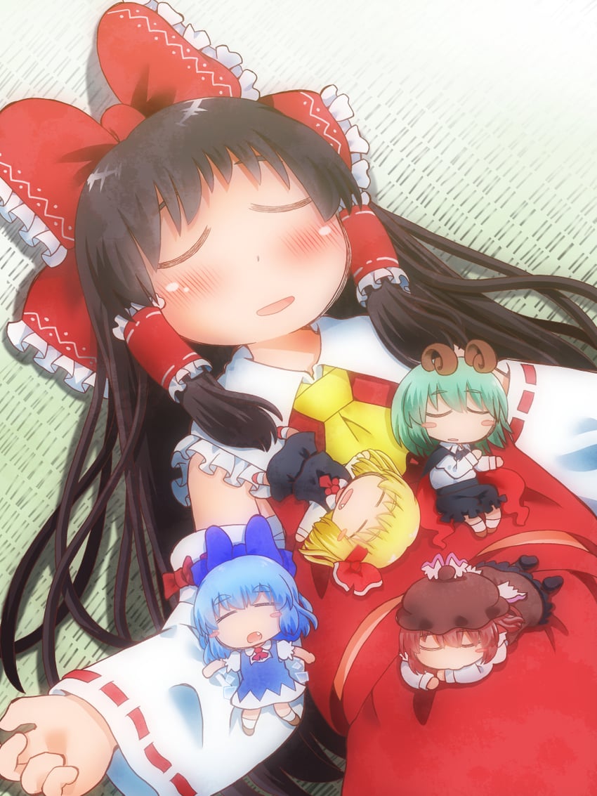 hakurei reimu, cirno, rumia, mystia lorelei, and wriggle nightbug (touhou) drawn by matty_(zuwzi)