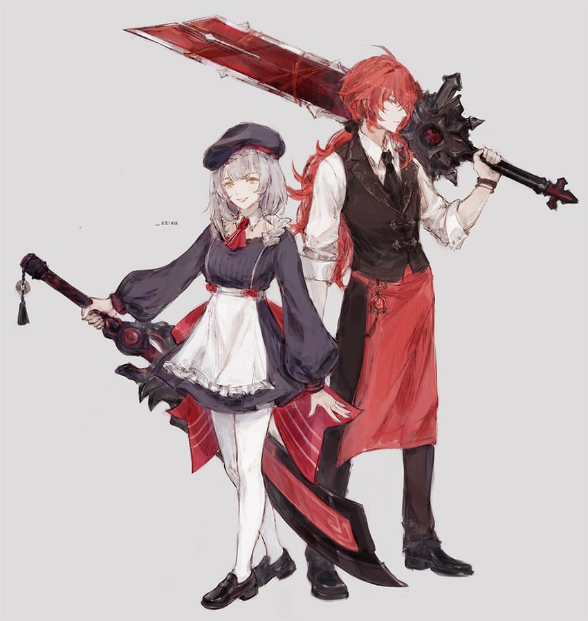 diluc and noelle (genshin impact and 1 more) drawn by kei_(keiuu)