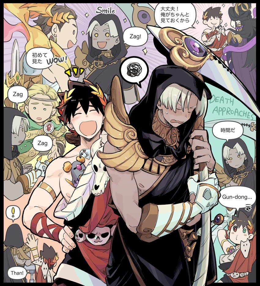 zagreus, thanatos, nyx, achilles, and hermes (hades and 1 more) drawn by mochimochimochi