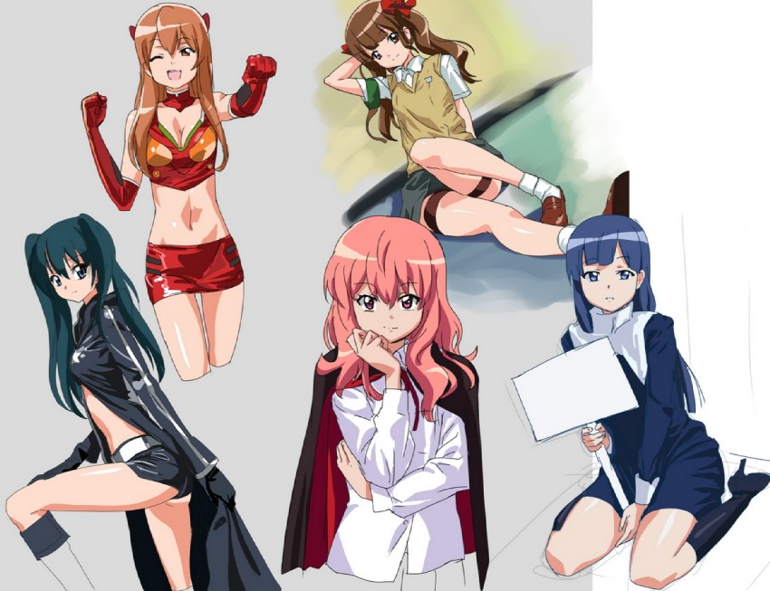 souryuu asuka langley, black rock shooter, shirai kuroko, louise francoise le blanc de la valliere, and zange (neon genesis evangelion and 5 more) drawn by makacoon