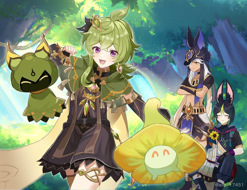 tighnari, cyno, collei, fungi, and cuilein-anbar (genshin impact) drawn by ari_(bleum)
