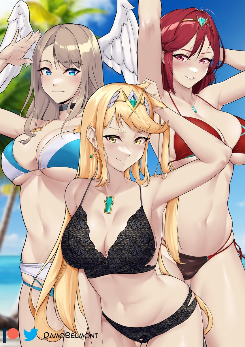 pyra, mythra, and eunie (xenoblade chronicles and 2 more) drawn by damobelmont