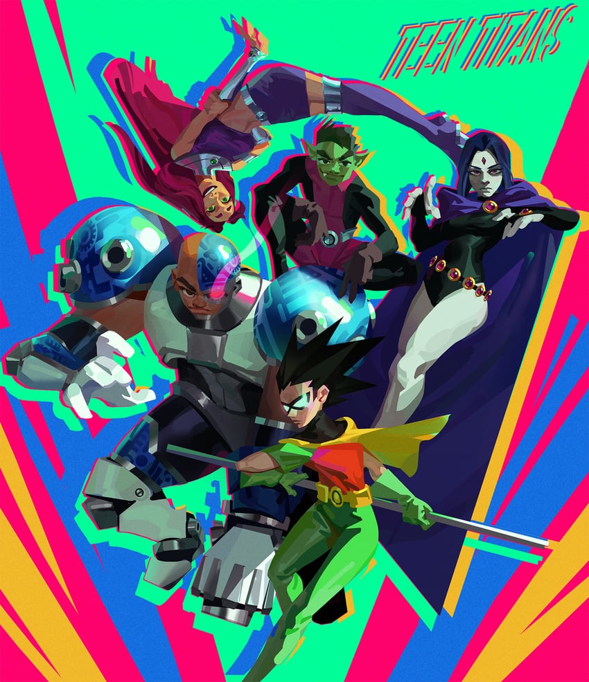 raven, starfire, and beast boy (dc comics and 1 more) drawn by ian_su