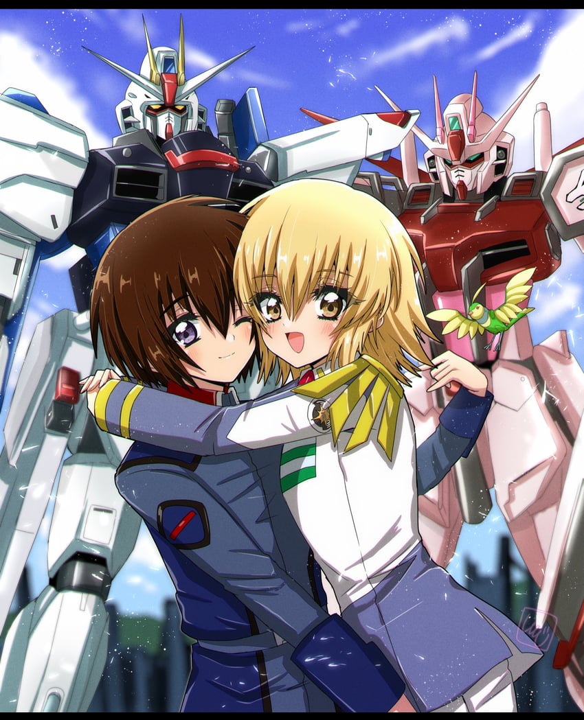 cagalli yula athha, kira yamato, freedom gundam, strike rouge, and aile strike rouge (gundam and 3 more) drawn by manju5656