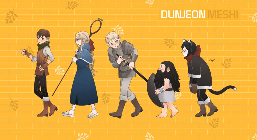marcille donato, laios touden, senshi, chilchuck tims, izutsumi, and 1 more (dungeon meshi) drawn by sgh9492