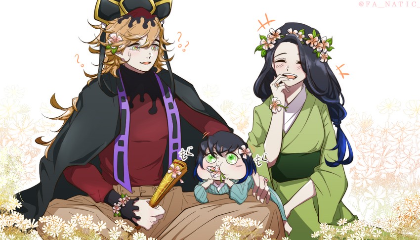 hashibira inosuke, douma, and hashibira kotoha (kimetsu no yaiba) drawn by fa_natic
